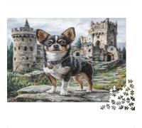 Cute Pet Dog Rompecabezas de Papel Grueso Chihuahua en Sendero de Piedra con ruinas de Castillo, Pack Regalo de Rompecabezas para Combatir el aburrimiento 70x50cm/1000 Piezas
