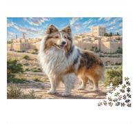 Cute Pet Dog Rompecabezas de Papel Grueso Collie en Plaza del Pueblo Viejo con Castillo, Actividad Relajante para Principiantes 52x38cm/1000 Piezas