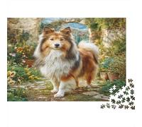 Cute Pet Dog Rompecabezas de Papel Grueso Collie en Prado de Flores con Sendero de Piedra, Pack de Regalo de Amigo Invisible para Entrenamiento Cerebral de Personas Mayores 38x26cm/1000 Piezas