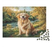 Cute Pet Dog Rompecabezas de Papel Grueso Golden Retriever Junto al río en Bosque de otoño, Pack para Entrenamiento Cerebral de Adultos Mayores, Regalo de Amigo Invisible 52x38cm/1000 Piezas