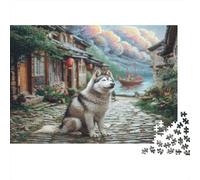 Cute Pet Dog Rompecabezas de Papel Grueso Husky en Calle de Pueblo Chino Antiguo, Pack de Juego Decorativo Familiar 38x26cm/1000 Piezas