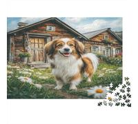 Cute Pet Dog Rompecabezas de Papel Grueso Mezcla de Collie Junto a cabaña de Madera rústica, Regalo de Amigo Invisible Relajante para Adultos Mayores 70x50cm/1000 Piezas