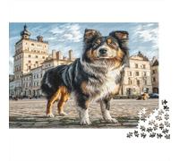 Cute Pet Dog Rompecabezas de Papel Grueso Pastor Australiano en Plaza del Casco Antiguo con Castillo, Pack Actividad Familiar 70x50cm/1000 Piezas
