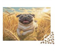 Cute Pet Dog Rompecabezas de Papel Grueso Pug Corriendo en Campo de Trigo Dorado, Regalo de Rompecabezas Relajante 70x50cm/1000 Piezas