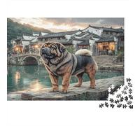 Cute Pet Dog Rompecabezas de Papel Grueso Shar Pei en Puente de Piedra en Pueblo Chino, Pack de Juguete Educativo para niños 52x38cm/1000 Piezas