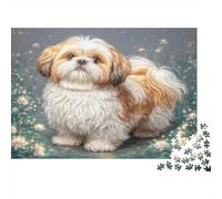 Cute Pet Dog Rompecabezas de Papel Grueso Shih Tzu en Cama de Flores Coloridas, Regalo de cumpleaños regalable 52x38cm/1000 Piezas