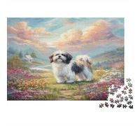 Cute Pet Dog Rompecabezas de Papel Grueso Shih Tzu en Prado de Flores con arcoíris, Pack Regalo de Rompecabezas para Combatir el aburrimiento 38x26cm/1000 Piezas