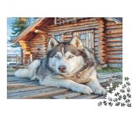 Cute Pet Dog Rompecabezas de Papel Husky Tumbado en el Porche de una cabaña de Madera, Set de Regalo de Amigo Invisible Estimulante Mental 52x38cm/1000 Piezas