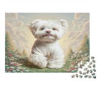 Cute Pet Dog Rompecabezas de Papel Maltés en Prado de Flores con montañas, Regalo Coleccionable para Combatir el aburrimiento 38x26cm/1000 Piezas