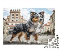 Cute Pet Dog Rompecabezas de Papel Pastor Australiano en Plaza del Casco Antiguo con Castillo, Set de Regalo de Amigo Invisible Estimulante Mental 38x26cm/1000 Piezas