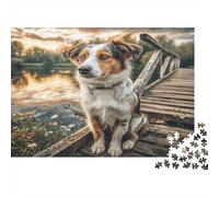 Cute Pet Dog Rompecabezas de Papel Pastor Australiano en Puente de Madera sobre Arroyo, Set de Regalo de Amigo Invisible Estimulante Mental 38x26cm/1000 Piezas