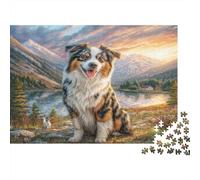 Cute Pet Dog Rompecabezas de Papel Pastor Australiano Junto al Lago con Montañas, Regalo Navideño Divertido para Niños +12 70x50cm/1000 Piezas
