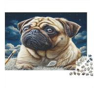 Cute Pet Dog Rompecabezas de Papel Pug con Pincel de Noche, Regalo Navideño Divertido para Niños +12 70x50cm/1000 Piezas