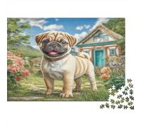 Cute Pet Dog Rompecabezas de Papel Pug Delante de cabaña con Flores, Set de Regalo Educativo y Actividad Relajante para Adultos 70x50cm/1000 Piezas