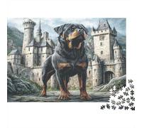 Cute Pet Dog Rompecabezas de Papel Reciclado Rottweiler en el Camino de Piedra con Ruinas de Castillo, Regalo Decorativo para Niños 38x26cm/1000 Piezas