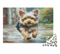 Cute Pet Dog Rompecabezas de Papel Reciclado Yorkie Corriendo a Través de un Charco en la Calle, Regalo Navideño Desafiante 52x38cm/1000 Piezas