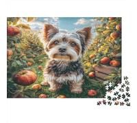 Cute Pet Dog Rompecabezas de Papel Reciclado Yorkie en huerto de Manzanas con Calabazas, Regalo Coleccionable para Adultos 70x50cm/1000 Piezas