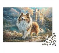 Cute Pet Dog Rompecabezas de Papel Resistente Collie en Sendero de Piedra con ruinas de Castillo, artículo Coleccionable de decoración del hogar 38x26cm/1000 Piezas