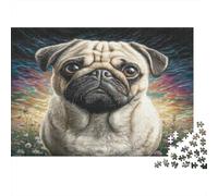 Cute Pet Dog Rompecabezas de Papel Resistente Pug con Fondo Colorido, Estimulante Mental y Alivio del Estrés 70x50cm/1000 Piezas
