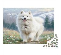 Cute Pet Dog Rompecabezas de Papel Resistente Samoyedo en Prado de Flores con montañas, decoración del hogar para aliviar el estrés 70x50cm/1000 Piezas