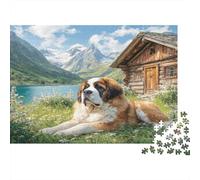 Cute Pet Dog - Rompecabezas de Papel Resistente San Bernardo Junto al Lago con montañas y cabaña de Madera, Actividad Familiar educativa 52x38cm/1000 Piezas