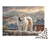 Cute Pet Dog Rompecabezas de Papel Resistente Shar Pei en el Muro de Piedra en el Pueblo Chino, Regalo de Cumpleaños para Aliviar el Estrés 52x38cm/1000 Piezas
