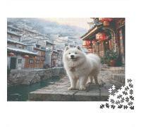 Cute Pet Dog Rompecabezas de Papel Samoyedo en Puente de Piedra en Pueblo Chino, Set de Regalo de Amigo Invisible Estimulante Mental 70x50cm/1000 Piezas