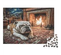Cute Pet Dog - Rompecabezas DIY de Papel Premium Bulldog durmiendo Junto a la Chimenea en habitación acogedora, Alivio Decorativo del estrés 70x50cm/1000 Piezas