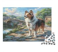 Cute Pet Dog Rompecabezas DIY de Papel Premium Collie en el Puente de Piedra en el Pueblo, Alivio del Estrés Decorativo 38x26cm/1000 Piezas