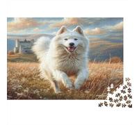 Cute Pet Dog Rompecabezas DIY de Papel Premium Samoyedo Corriendo en el Campo con Castillo, Alivio del Estrés Decorativo 52x38cm/1000 Piezas