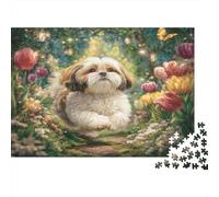 Cute Pet Dog Rompecabezas DIY de Papel Premium Shih Tzu en jardín de Tulipanes, Juguete Educativo Apto para Principiantes 70x50cm/1000 Piezas