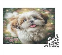 Cute Pet Dog Rompecabezas DIY de Papel Premium Shih Tzu en Prado de Flores con Brillantes, Relleno de calcetín Divertido para niños +12 52x38cm/1000 Piezas