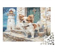 Cute Pet Dog Rompecabezas Premium de cartón Chihuahua en escalones de Piedra Junto a un Faro, decoración del hogar contra el aburrimiento 52x38cm/1000 Piezas