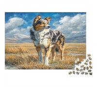 Cute Pet Dog - Rompecabezas Premium de cartón Pastor Australiano en Campo Dorado con montañas, Juego Familiar regalable 38x26cm/1000 Piezas