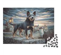 Cute Pet Dog Rompecabezas Premium de Cartón Perro Negro y Canela en el Muro de Piedra con Castillo, Decoración del Hogar Antiestrés 38x26cm/1000 Piezas