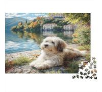 Cute Pet Dog Rompecabezas Premium de cartón Perro Peludo Junto al Lago y Pueblo de montaña, Juego Familiar regalable 38x26cm/1000 Piezas