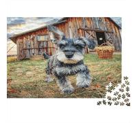 Cute Pet Dog Rompecabezas Premium de cartón Schnauzer Corriendo Delante de un Granero Rojo, para Entrenamiento Cerebral de Personas Mayores 52x38cm/1000 Piezas