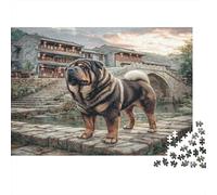 Cute Pet Dog Rompecabezas Premium de cartón Shar Pei en Sendero de Piedra Junto a Puente Antiguo, Relleno de calcetín Decorativo 52x38cm/1000 Piezas