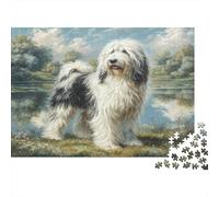 Cute Pet Dog Rompecabezas Premium de cartón Viejo Pastor Inglés Junto al Lago con Flores, decoración del hogar para Combatir el aburrimiento 52x38cm/1000 Piezas