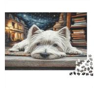 Cute Pet Dog Rompecabezas Premium de Cartón Westie en la Mesa de Madera en la Calle Nevada, Decoración Hogareña de Entrenamiento Cerebral 70x50cm/1000 Piezas
