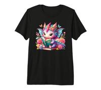 Cute Pink Baby Dragon Floral Book Lover Bookish Fantasy Era Camiseta Premium