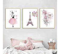 Cute Pink Ballerina Dancer Girl Prints Paris Tower Room Decor Flower Wall Art Canvas Painting Posters Prints Kids Girls Room Decor sin marco-50X70cmX3