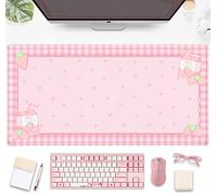 Cute Pink Plaid Desk Mats Strawberry Milk Gaming Desk Pad, Kawaii Extended Mouse Pad Kawaii Large Keyboard Mats XXL, Laptop Mat for Desk, Desktop Mat Mousepad Office Decor for Women 31.5"x15.75"