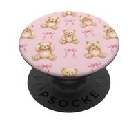 Cute Pink Teddy Bear Bow Coquette Pattern PopSockets PopGrip Adhesivo