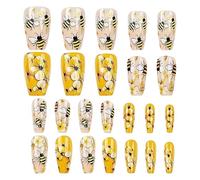 Cute Press on Nails, Square Tip False Nails, 24 Set Bee and Flower Fake Fingernails, Easy Application & Long Lasting Wear, Ideal for Manicure Art, Nail Accessories Use, 4.61 inches