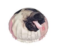 Cute Pug Dog Impreso Gorro de ducha Doble Protección a prueba de agua Gorro de pelo Reutilizable PEVA Elástico Gorro de ducha de baño para hombres Mujeres Damas Salón de spa