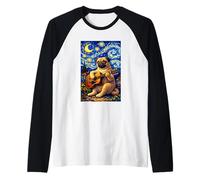 Cute Pug Dog Playing Guitar Whimsical Art Music Camping Camiseta Manga Raglan