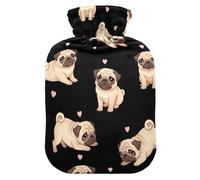 Cute Pug Dogs - Botellas de agua caliente negras con funda de terciopelo, bolsa de agua caliente para cuello, hombros y calambres menstruales, tamaño mediano