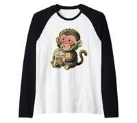 Cute Punch The Monkey Japón Bebiendo café Helado Camiseta Manga Raglan