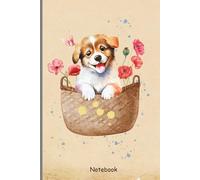 Cute Puppy Basket Watercolor Notebook: Adorable Dog Journal with Pink Flowers and Butterfly - 120 Lined Pages, 6x9 - Kawaii Pet Gift